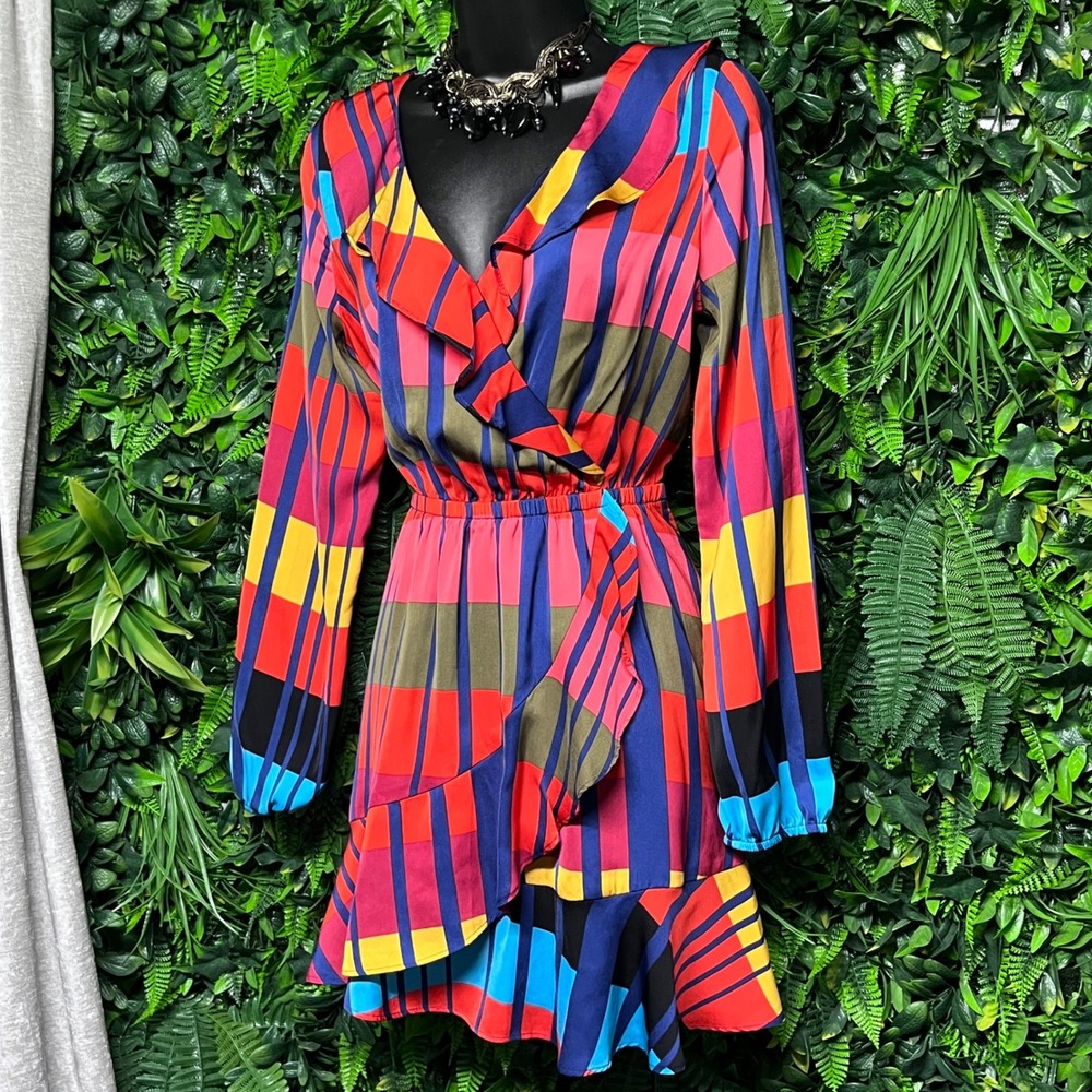 Express Dress Small Wrap Ruffle Mini Multicolored Plaid Long Sleeve 3368